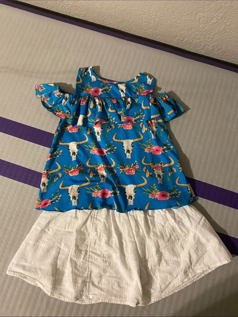 Blue Floral Boutique Cold-Shoulder Top with White Skirt
